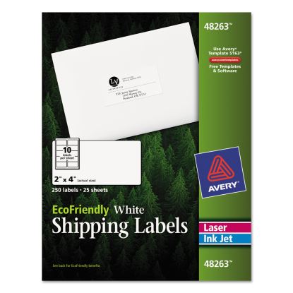 EcoFriendly Mailing Labels, Inkjet/Laser Printers, 2 x 4, White, 10/Sheet, 25 Sheets/Pack1