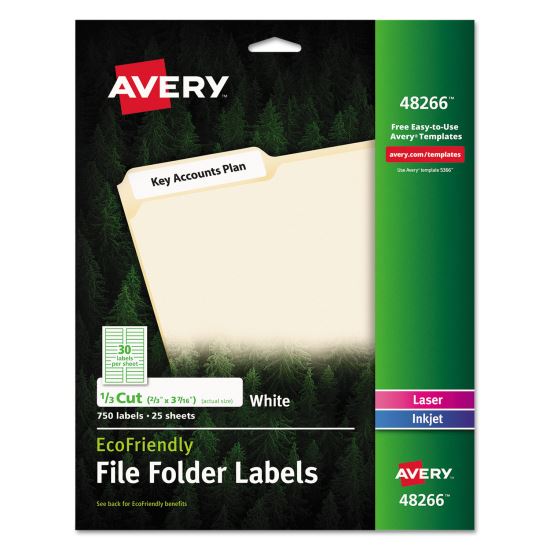 EcoFriendly Permanent File Folder Labels, 0.66 x 3.44, White, 30/Sheet, 25 Sheets/Pack1