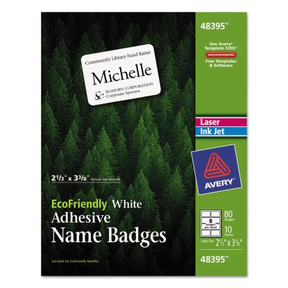 EcoFriendly Adhesive Name Badge Labels, 3.38 x 2.33, White, 80/Pack1