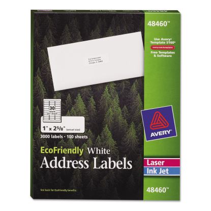 EcoFriendly Mailing Labels, Inkjet/Laser Printers, 1 x 2.63, White, 30/Sheet, 100 Sheets/Pack1