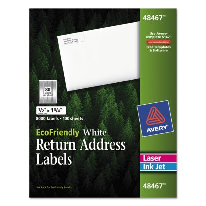 EcoFriendly Mailing Labels, Inkjet/Laser Printers, 0.5 x 1.75, White, 80/Sheet, 100 Sheets/Pack1