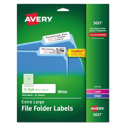 Extra-Large TrueBlock File Folder Labels with Sure Feed Technology, 0.94 x 3.44, White, 18/Sheet, 25 Sheets/Pack1