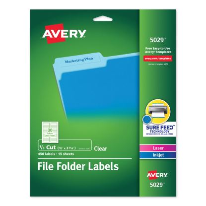 Clear Permanent File Folder Labels with Sure Feed Technology, 0.66 x 3.44, Clear, 30/Sheet, 15 Sheets/Pack1