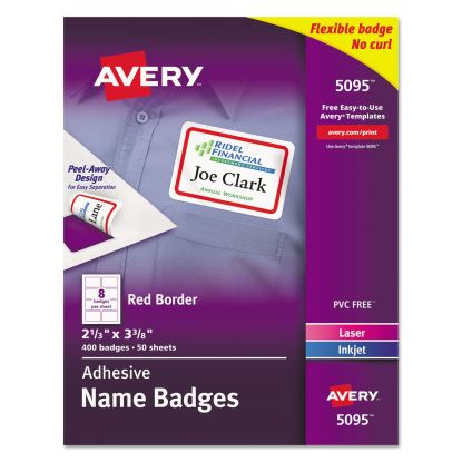 Flexible Adhesive Name Badge Labels, 3.38 x 2.33, White/Red Border, 400/Box1