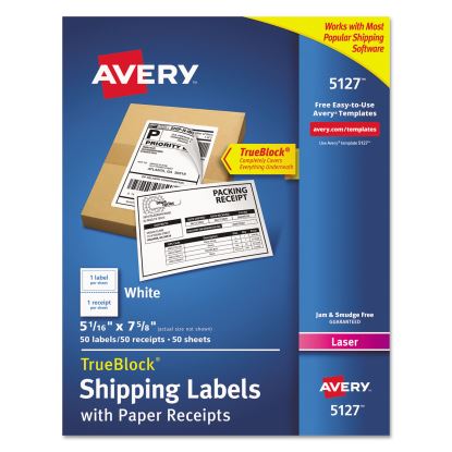 Shipping Labels with Paper Receipt and TrueBlock Technology, Inkjet/Laser Printers, 5.06 x 7.63, White, 50/Pack1