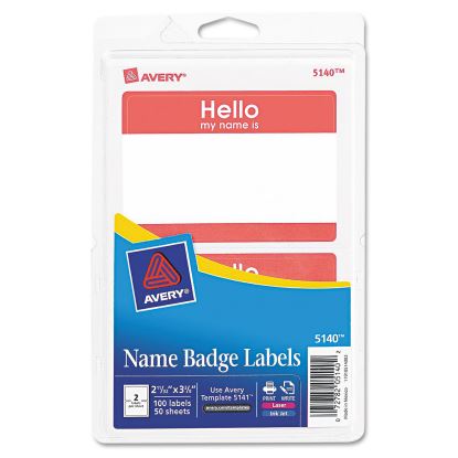 Printable Self-Adhesive Name Badges, 2 1/3 x 3 3/8, Red "Hello", 100/Pack1