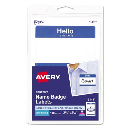 Printable Adhesive Name Badges, 3.38 x 2.33, Blue "Hello", 100/Pack1