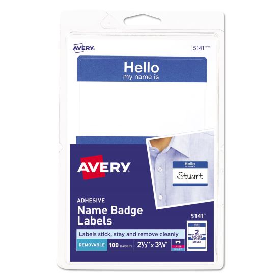 Printable Adhesive Name Badges, 3.38 x 2.33, Blue "Hello", 100/Pack1