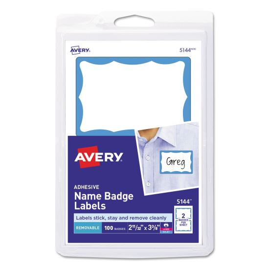 Printable Adhesive Name Badges, 3.38 x 2.33, Blue Border, 100/Pack1