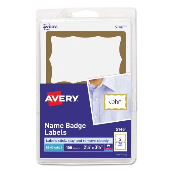 Printable Adhesive Name Badges, 3.38 x 2.33, Gold Border, 100/Pack1