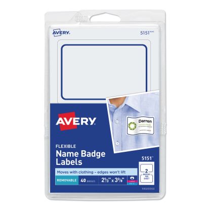 Flexible Adhesive Name Badge Labels, 3.38 x 2.33, White/Blue Border, 40/Pack1