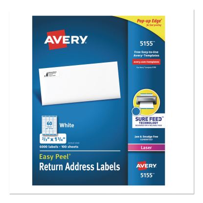 Easy Peel White Address Labels w/ Sure Feed Technology, Laser Printers, 0.66 x 1.75, White, 60/Sheet, 100 Sheets/Pack1
