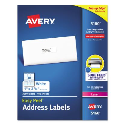 Easy Peel White Address Labels w/ Sure Feed Technology, Laser Printers, 1 x 2.63, White, 30/Sheet, 100 Sheets/Box1