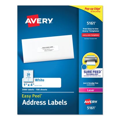 Easy Peel White Address Labels w/ Sure Feed Technology, Laser Printers, 1 x 4, White, 20/Sheet, 100 Sheets/Box1