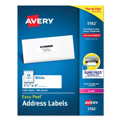 Easy Peel White Address Labels w/ Sure Feed Technology, Laser Printers, 1.33 x 4, White, 14/Sheet, 100 Sheets/Box1