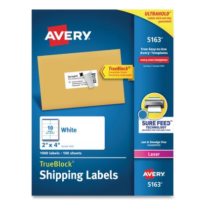 Shipping Labels w/ TrueBlock Technology, Laser Printers, 2 x 4, White, 10/Sheet, 100 Sheets/Box1