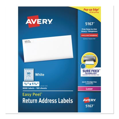Easy Peel White Address Labels w/ Sure Feed Technology, Laser Printers, 0.5 x 1.75, White, 80/Sheet, 100 Sheets/Box1