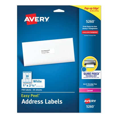 Easy Peel White Address Labels w/ Sure Feed Technology, Laser Printers, 1 x 2.63, White, 30/Sheet, 25 Sheets/Pack1