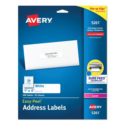 Easy Peel White Address Labels w/ Sure Feed Technology, Laser Printers, 1 x 4, White, 20/Sheet, 25 Sheets/Pack1