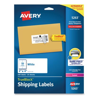 Shipping Labels w/ TrueBlock Technology, Laser Printers, 2 x 4, White, 10/Sheet, 25 Sheets/Pack1