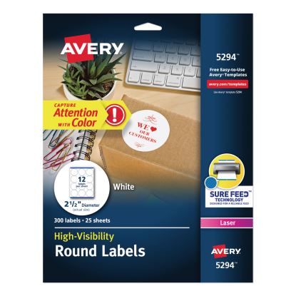 Permanent Laser Print-to-the-Edge ID Labels w/SureFeed, 2 1/2"dia, White, 300/PK1