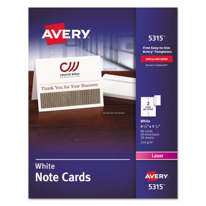 Note Cards with Matching Envelopes, Laser, 80 lb, 4.25 x 5.5, Uncoated White, 60 Cards, 2 Cards/Sheet, 30 Sheets/Pack1