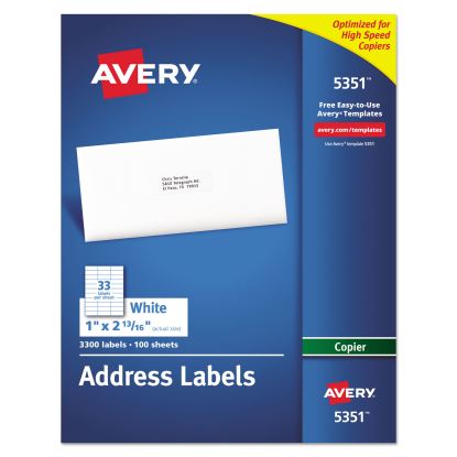 Copier Mailing Labels, Copiers, 1 x 2.81, White, 33/Sheet, 100 Sheets/Box1