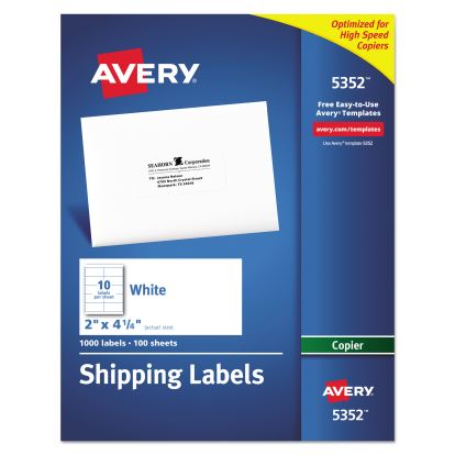 Copier Mailing Labels, Copiers, 2 x 4.25, White, 10/Sheet, 100 Sheets/Box1