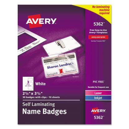 Self-Laminating Laser/Inkjet Printer Badges, 2.25 x 3.5, White, 30/Box1