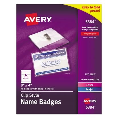 Clip-Style Name Badge Holder with Laser/Inkjet Insert, Top Load, 4 x 3, White, 40/Box1