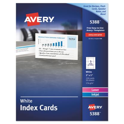 Printable Index Cards with Sure Feed, Unruled, Inkjet/Laser, 3 x 5, White, 150 Cards, 3 Cards/Sheet, 50 Sheets/Box1