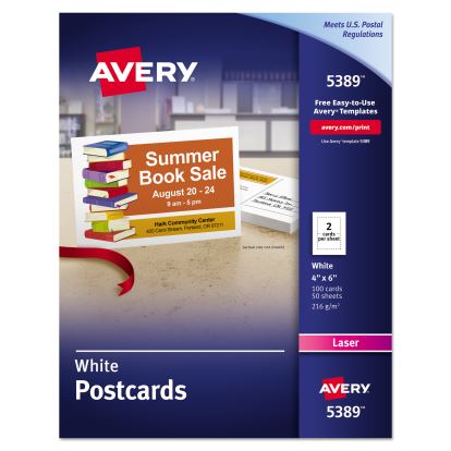 Printable Postcards, Laser, 80 lb, 4 x 6, Uncoated White, 100 Cards, 2/Cards/Sheet, 50 Sheets/Box1