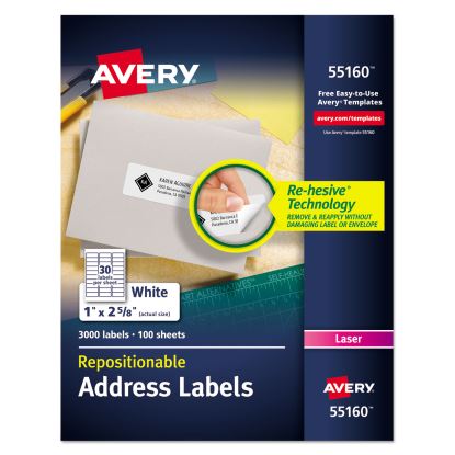 Repositionable Address Labels w/SureFeed, Laser, 1 x 2 5/8, White, 3000/Box1