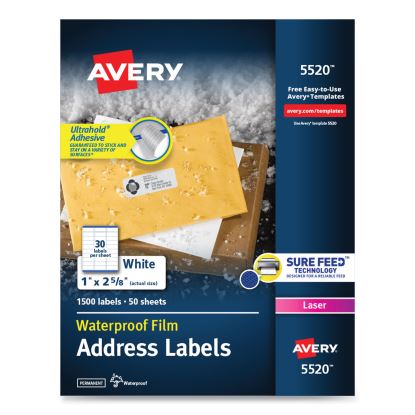 Waterproof Address Labels with TrueBlock and Sure Feed, Laser Printers, 1 x 2.63, White, 30/Sheet, 50 Sheets/Pack1