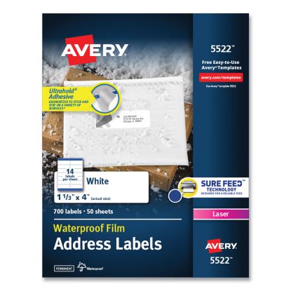 Waterproof Address Labels with TrueBlock and Sure Feed, Laser Printers, 1.33 x 4, White, 14/Sheet, 50 Sheets/Pack1