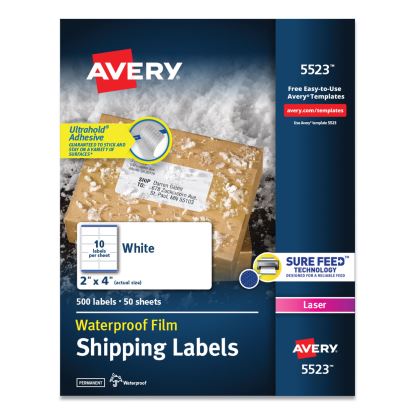 Waterproof Shipping Labels with TrueBlock and Sure Feed, Laser Printers, 2 x 4, White, 10/Sheet, 50 Sheets/Pack1