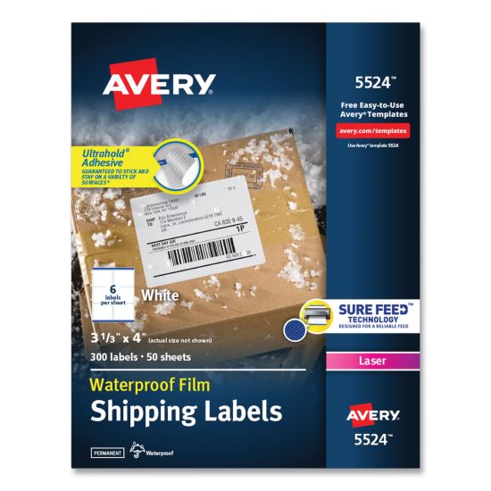 Waterproof Shipping Labels with TrueBlock and Sure Feed, Laser Printers, 3.33 x 4, White, 6/Sheet, 50 Sheets/Pack1