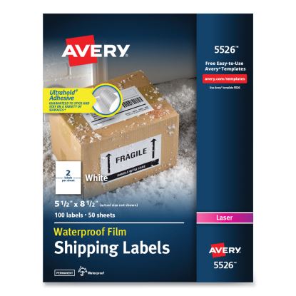 Waterproof Shipping Labels with TrueBlock Technology, Laser Printers, 5.5 x 8.5, White, 2/Sheet, 50 Sheets/Pack1