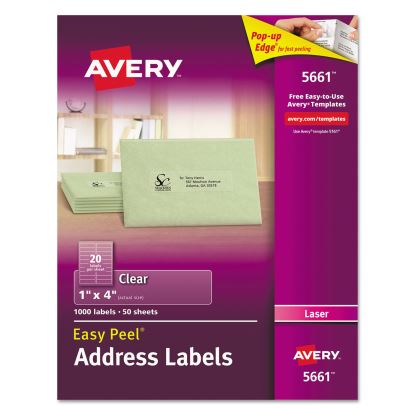 Matte Clear Easy Peel Mailing Labels w/ Sure Feed Technology, Laser Printers, 1 x 4, Clear, 20/Sheet, 50 Sheets/Box1