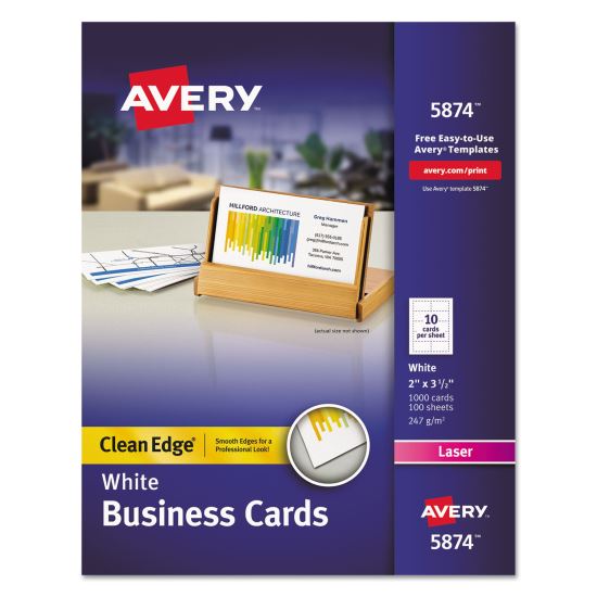 Clean Edge Business Cards, Laser, 2 x 3.5, White, 1,000 Cards, 10 Cards/Sheet, 100 Sheets/Box1