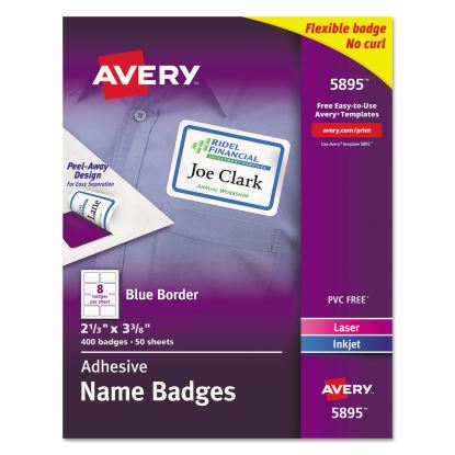 Flexible Adhesive Name Badge Labels, 3.38 x 2.33, White/Blue Border, 400/Box1