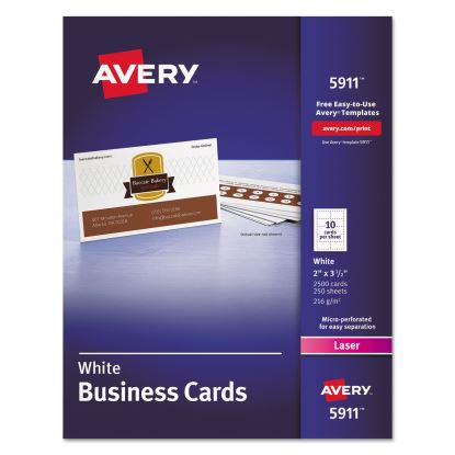 Printable Microperforated Business Cards w/Sure Feed Technology, Laser, 2 x 3.5, White, 2,500 Cards, 10/Sheet, 250 Sheets/Box1