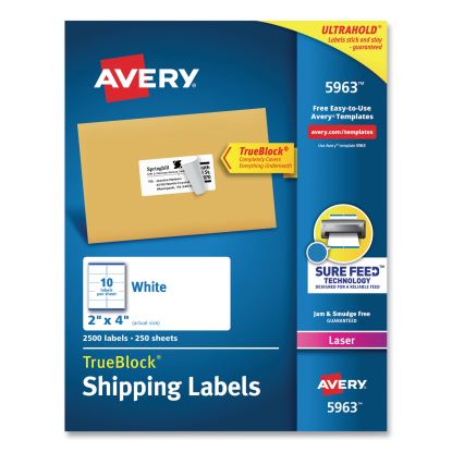 Shipping Labels w/ TrueBlock Technology, Laser Printers, 2 x 4, White, 10/Sheet, 250 Sheets/Box1