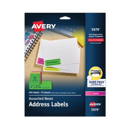 High-Visibility Permanent Laser ID Labels, 1 x 2 5/8, Asst. Neon, 450/Pack1