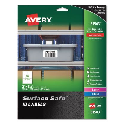 Surface Safe ID Labels, Inkjet/Laser Printers, 2 x 3.5, White, 10/Sheet, 25 Sheets/Pack1