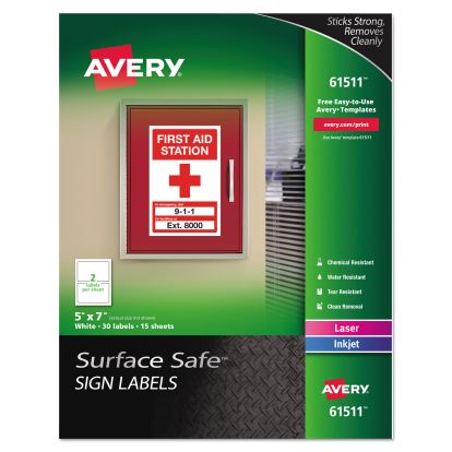 Surface Safe Removable Label Safety Signs, Inkjet/Laser Printers, 5 x 7, White, 2/Sheet, 15 Sheets/Pack1