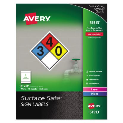 Surface Safe Removable Label Safety Signs, Inkjet/Laser Printers, 8 x 8, White, 15/Pack1