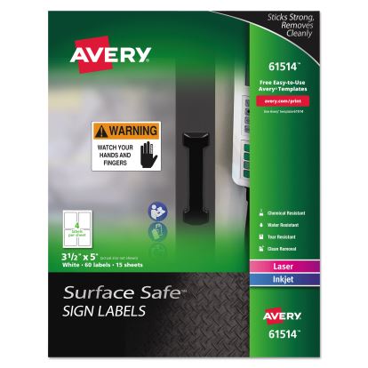 Surface Safe Removable Label Safety Signs, Inkjet/Laser Printers, 3.5 x 5, White, 4/Sheet, 15 Sheets/Pack1