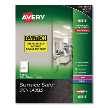 Surface Safe Removable Label Safety Signs, Inkjet/Laser Printers, 7 x 10, White, 15/Pack1