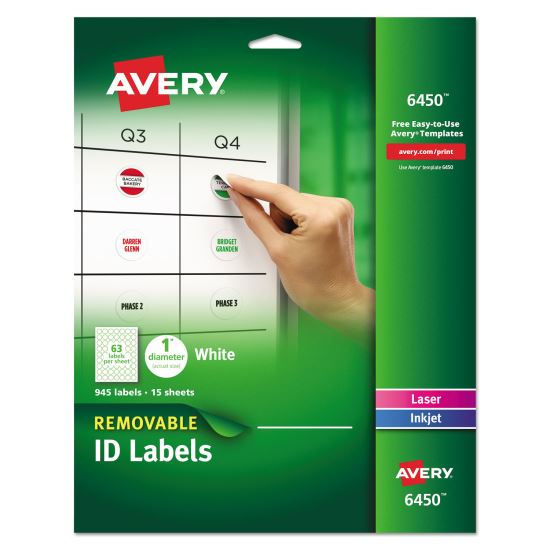 Removable Multi-Use Labels, Inkjet/Laser Printers, 1" dia., White, 63/Sheet, 15 Sheets/Pack1